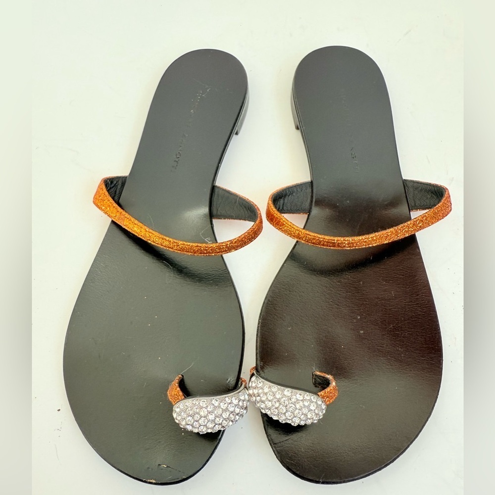 Giuseppe Zanotti  Orange Glitter Leather stone embellished Toe Ring Sandals 38.5 - Picture 3 of 10